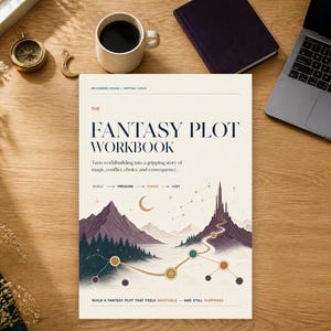 Könnte beinhalten: Das Fantasy Plot Workbook mit cremefarbenem Einband, dunkelblauem Titel, einer Berglandschaftsillustration, einem gewundenen Pfad mit farbigen kreisförmigen Knoten, einem Halbmond und dem Untertitel Turn worldbuilding into a gripping story.