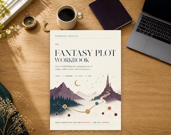 Może przedstawiać: Fantasy Plot Workbook z kremową okładką, ciemnoniebieskim tytułem, ilustracją górskiego krajobrazu, krętą ścieżką z kolorowymi okrągłymi węzłami, półksiężycem oraz podtytułem Turn worldbuilding into a gripping story.