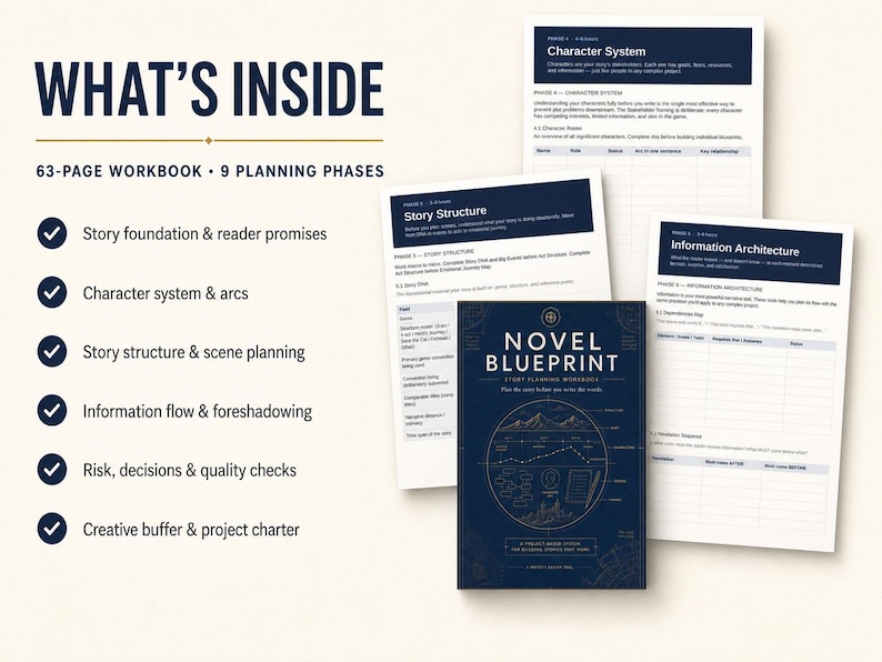 May include: A 63-page Novel Blueprint story planning workbook with a dark blue cover featuring gold line art. The set includes three white internal pages with dark blue headers titled Character System, Story Structure, and Information Architecture.
