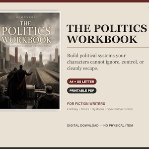 May include: The Politics Workbook digital download for fiction writers. The cover features a dark, atmospheric illustration of figures overlooking a vast crowd and city. Text includes: The Politics Workbook, Power, Legitimacy & Conflict for Fiction Writers, A4 + US Letter, Printable PDF, For Fiction Writers, Fantasy, Sci-Fi, Dystopia, Speculative Fiction, Moonmere.