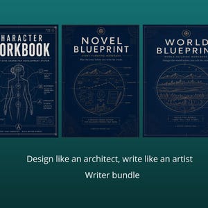 Puede incluir: Tres libros de trabajo azul oscuro titulados Character Workbook, Novel Blueprint y World Blueprint. Cada portada presenta diagramas de líneas en tono dorado, cuadrículas técnicas y texto sobre sistemas de desarrollo de historias.