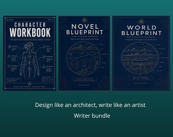 May include: Three dark blue workbooks titled Character Workbook, Novel Blueprint, and World Blueprint. Each cover features gold-toned line art diagrams, technical drafting grids, and text detailing story development systems for writers.