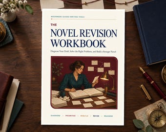 May include: A white workbook titled The Novel Revision Workbook with the subtitle Diagnose Your Draft, Solve the Right Problems, and Build a Stronger Novel. The cover features an illustration of a person writing at a desk with notes.
