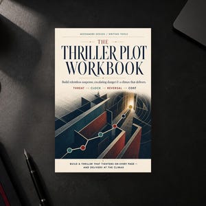 May include: A book titled The Thriller Plot Workbook with a cream-colored cover featuring dark blue text and a graphic illustration of a maze with a path marked by colored dots leading toward a bright light at the end of a dark corridor.