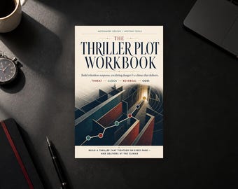 Może przedstawiać: Książka zatytułowana The Thriller Plot Workbook z okładką w kolorze kremowym, ciemnoniebieskim tekstem oraz grafiką przedstawiającą labirynt ze ścieżką zaznaczoną kolorowymi kropkami, prowadzącą do jasnego światła na końcu ciemnego korytarza.