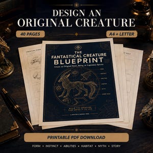 Puede incluir: Una descarga PDF imprimible titulada The Fantastical Creature Blueprint, con una cubierta azul oscuro y arte lineal dorado de una bestia mítica. El documento incluye 40 páginas para diseñar criaturas originales, con secciones para forma, instinto, habilidades, hábitat, mito y rol narrativo, disponible en tamaños A4 y carta.