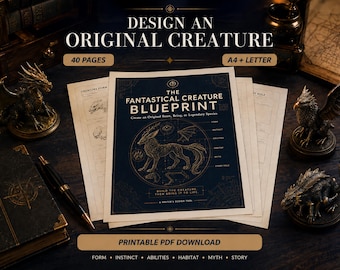 Może przedstawiać: Plik PDF do druku zatytułowany The Fantastical Creature Blueprint, z ciemnoniebieską okładką i złotym rysunkiem liniowym mitycznej bestii. Dokument zawiera 40 stron do projektowania oryginalnych stworzeń, z sekcjami na formę, instynkt, umiejętności, siedlisko, mit i rolę w historii, dostępny w formatach A4 i letter.