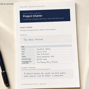 May include: A white paper project charter form with a dark blue header titled Project Charter. The form includes fields for title, genre, tone, POV, setting, length, and comparable titles, with handwritten text including The Glass Orchard.