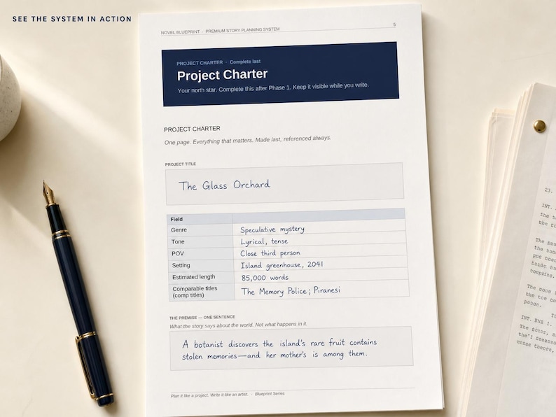 May include: A white paper project charter form with a dark blue header titled Project Charter. The form includes fields for title, genre, tone, POV, setting, length, and comparable titles, with handwritten text including The Glass Orchard.