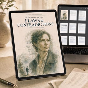 Könnte beinhalten: Ein digitales Tablet zeigt ein Charakter-Arbeitsbuch mit dem Titel Flaws & Contradictions. Der Bildschirm zeigt eine Aquarell-Illustration einer Person mit Doppelbelichtungsprofil, eine kleine Figur in einer Landschaft und den Text Build Characters Who Feel Human.