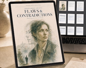 Może przedstawiać: Tablet cyfrowy wyświetlający zeszyt ćwiczeń postaci zatytułowany Flaws & Contradictions. Ekran pokazuje ilustrację w stylu akwareli przedstawiającą osobę z profilem z podwójną ekspozycją, małą postać w krajobrazie oraz tekst Build Characters Who Feel Human.
