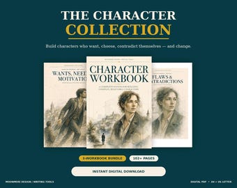 Może przedstawiać: Zestaw trzech zeszytów ćwiczeń pod tytułem The Character Collection, zawierający główny Character Workbook oraz dwa przewodniki. Okładki przedstawiają szkice postaci w krajobrazach z tekstem Wants, Needs, Motivation oraz Flaws & Contradictions.