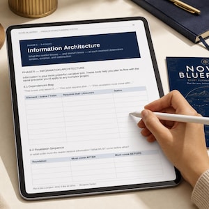 May include: A digital tablet displaying a Novel Blueprint story planning system page titled Information Architecture, featuring a table for dependencies and a revelation sequence, with a white stylus held against the screen surface.