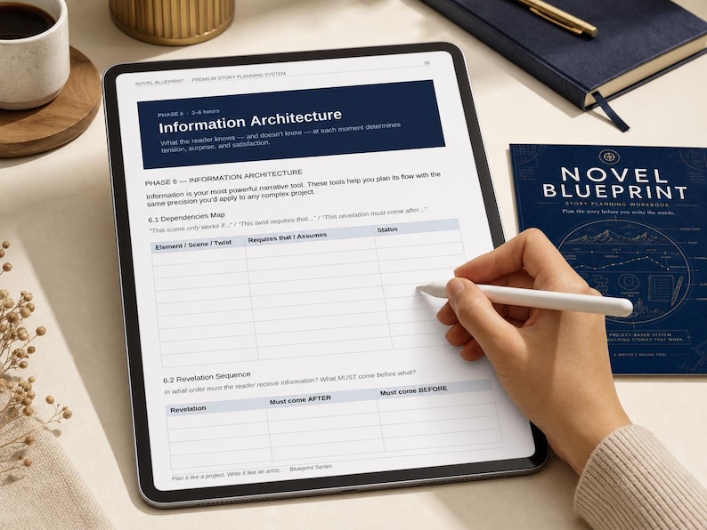 May include: A digital tablet displaying a Novel Blueprint story planning system page titled Information Architecture, featuring a table for dependencies and a revelation sequence, with a white stylus held against the screen surface.