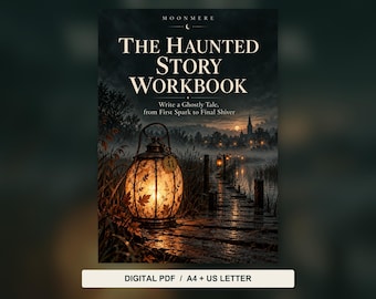 Może przedstawiać: Cyfrowy zeszyt ćwiczeń zatytułowany The Haunted Story Workbook: Write a Ghostly Tale, from First Spark to Final Shiver. Okładka przedstawia świecącą latarnię na drewnianym pomoście prowadzącym do mglistej wioski. Cyfrowy PDF, A4 i US Letter.