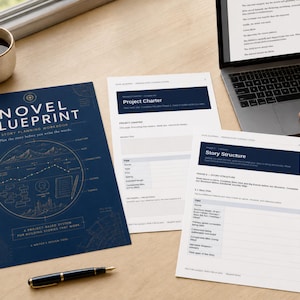 May include: A dark blue Novel Blueprint story planning workbook with gold line art, alongside two white project charter and story structure worksheets, a black fountain pen, and an open laptop displaying text on a light wood surface.