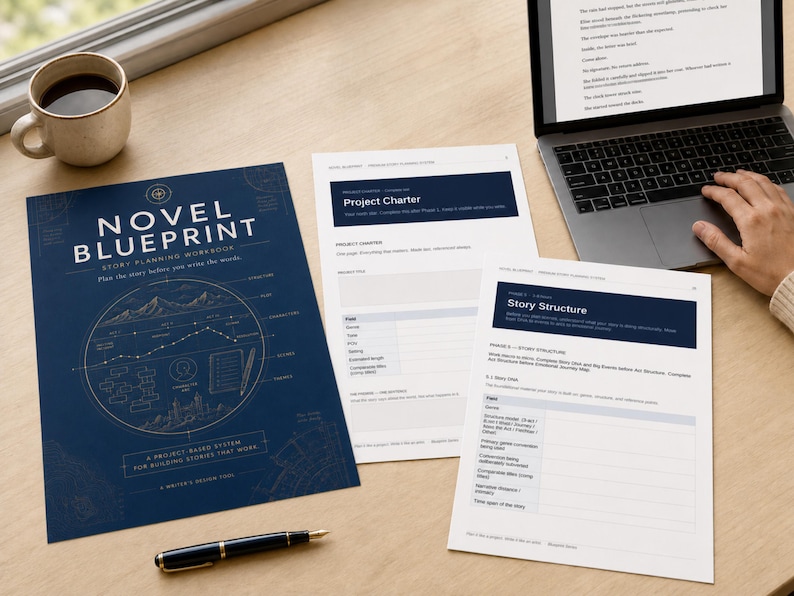 May include: A dark blue Novel Blueprint story planning workbook with gold line art, alongside two white project charter and story structure worksheets, a black fountain pen, and an open laptop displaying text on a light wood surface.