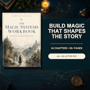 May include: A workbook titled The Magic Systems Workbook with the subtitle Build Coherent, Consequential Magic for Fiction, featuring an illustration of a figure walking toward a stone structure. Text reads Build Magic That Shapes The Story, 24 Chapters, 88+ Pages, and A4 + US Letter PDF.
