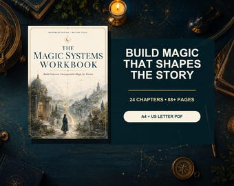 Może przedstawiać: Zeszyt ćwiczeń zatytułowany The Magic Systems Workbook z podtytułem Build Coherent, Consequential Magic for Fiction, przedstawiający postać idącą w stronę kamiennej budowli. Tekst zawiera Build Magic That Shapes The Story, 24 Chapters, 88+ Pages oraz A4 + US Letter PDF.