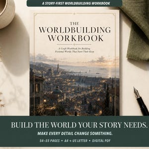 以下が含まれることがあります： The Worldbuilding Workbook: A Craft Workbook for Building Fictional Worlds That Earn Their Keepというタイトルの長方形のワークブック。表紙には夕暮れ時の沿岸都市の詳細なイラストが描かれています。テキストには「Build the world your story needs.」と記載されています。