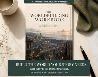 Może przedstawiać: Prostokątny zeszyt ćwiczeń zatytułowany The Worldbuilding Workbook: A Craft Workbook for Building Fictional Worlds That Earn Their Keep. Okładka przedstawia szczegółową ilustrację nadmorskiego miasta o zachodzie słońca. Tekst: Build the world your story needs.
