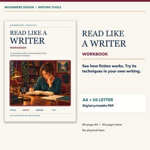 May include: A digital printable PDF workbook titled Read Like A Writer. The cover features an illustration of a person writing in a book at a desk in a library setting. Text includes Moonmere Design, Writing Tools, and annotation guide details.