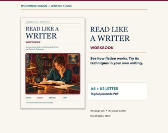 Może przedstawiać: Cyfrowy zeszyt ćwiczeń w formacie PDF do druku zatytułowany Read Like A Writer. Okładka zawiera ilustrację osoby piszącej w książce przy biurku w bibliotece. Tekst zawiera szczegóły Moonmere Design oraz Writing Tools.