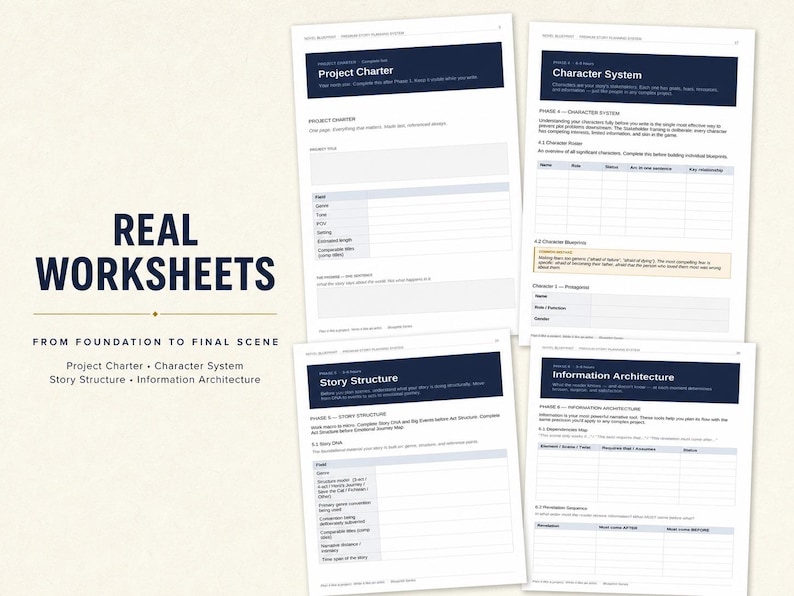 May include: Four white worksheets with dark blue headers titled Project Charter, Character System, Story Structure, and Information Architecture. The text REAL WORKSHEETS FROM FOUNDATION TO FINAL SCENE is printed in dark blue on the left side.