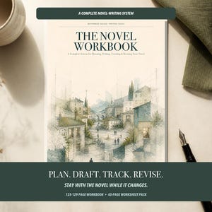 以下が含まれることがあります： THE NOVEL WORKBOOKというタイトルの白いワークブック。ヨーロッパの街並みの水彩画が描かれています。表紙にはA COMPLETE NOVEL-WRITING SYSTEM, PLAN. DRAFT. TRACK. REVISE. STAY WITH THE NOVEL WHILE IT CHANGES.と記載されています。
