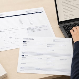 Könnte beinhalten: Ein Set aus bedruckten Arbeitsblättern zur Charakterentwicklung mit einer Cast Overview-Tabelle, einem Relationship Web-Diagramm und Character Quick Cards mit Feldern für Name, Alter und Rolle, ergänzt durch einen Laptop und einen Füllfederhalter.