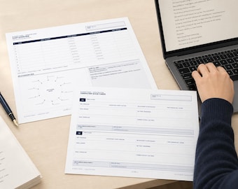 Może przedstawiać: Zestaw drukowanych arkuszy do tworzenia postaci, zawierający tabelę Cast Overview, diagram Relationship Web oraz Character Quick Cards z polami na imię, wiek i rolę, wraz z laptopem i piórem wiecznym leżącymi na biurku.