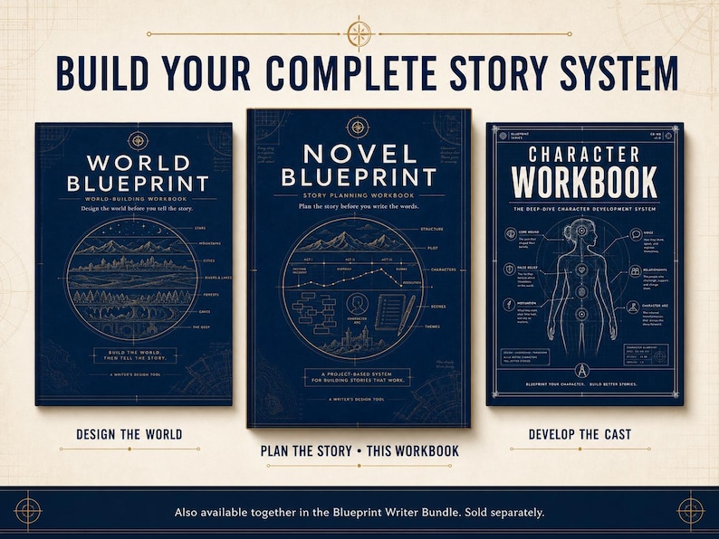 May include: Three dark blue workbooks titled World Blueprint, Novel Blueprint, and Character Workbook. Each cover features gold line art diagrams, including a landscape, a story structure graph, and a human silhouette, with text detailing story planning.