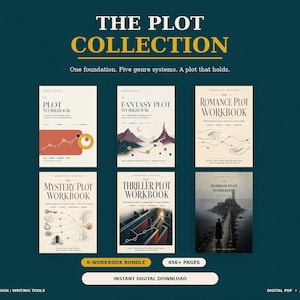 May include: A collection of six digital plot workbooks titled The Plot Collection, including Plot, Fantasy, Romance, Mystery, Thriller, and Horror editions. Each workbook features distinct cover art, serif typography, and a cohesive layout design.