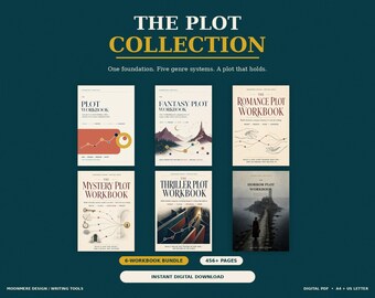 Może przedstawiać: Kolekcja sześciu cyfrowych zeszytów ćwiczeń zatytułowanych The Plot Collection, obejmująca edycje Plot, Fantasy, Romance, Mystery, Thriller i Horror. Każdy zeszyt posiada unikalną okładkę, szeryfową typografię oraz spójny układ graficzny.