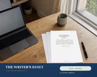 Może przedstawiać: Biały dokument zatytułowany THE WRITER'S RESET z 30-dniową siatką kalendarza w pastelowych kwadratach, umieszczony obok laptopa i czarnego pióra wiecznego. Dokument zawiera tekst 30-Day Writing Momentum Kit oraz A4 + US Letter + Linked PDF.
