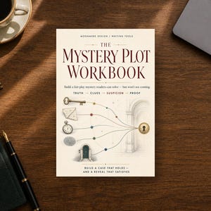 May include: A rectangular workbook titled The Mystery Plot Workbook with a cream cover featuring dark red text, a key, a letter, a pocket watch, a fingerprint, and a door illustration connected by dotted lines to a golden keyhole on the right.