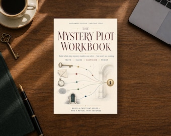 Może przedstawiać: Prostokątny zeszyt ćwiczeń zatytułowany The Mystery Plot Workbook z kremową okładką, ciemnoczerwonym tekstem oraz ilustracjami klucza, listu, zegarka kieszonkowego, odcisku palca i drzwi połączonymi liniami ze złotą dziurką od klucza.