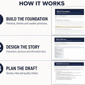 May include: An instructional infographic titled HOW IT WORKS featuring three numbered steps: 01 BUILD THE FOUNDATION with premise and theme, 02 DESIGN THE STORY with characters and structure, and 03 PLAN THE DRAFT with scenes and quality checks.