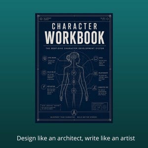 May include: A dark blue character workbook with white technical blueprint-style graphics. The cover features a central human figure outline with labelled nodes for core wound, false belief, motivation, voice, relationships, and character arc.