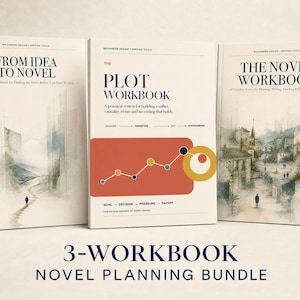 May include: Three softcover workbooks titled From Idea to Novel, The Plot Workbook, and The Novel Workbook. The covers feature watercolour-style illustrations of landscapes and a red graphic chart with yellow circles, all with clean, professional typography.