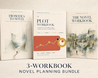 Może przedstawiać: Trzy zeszyty ćwiczeń w miękkiej oprawie zatytułowane From Idea to Novel, The Plot Workbook oraz The Novel Workbook. Okładki zawierają akwarelowe ilustracje krajobrazów oraz czerwony wykres z żółtymi kołami, a wszystko to z wyraźną, profesjonalną typografią.