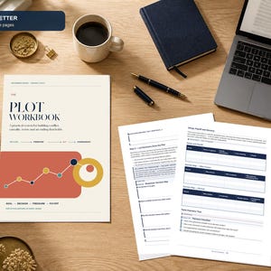 Op de afbeelding: Een printbaar werkboek getiteld The Plot Workbook met een omslag met een rood grafiekdiagram en een gele cirkel. Het werkboek bevat A4- en US Letter-pagina's met gestructureerde tabellen voor verhaalplanning, naast een laptop, pennen en een koffiemok.