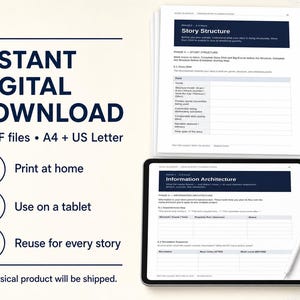 May include: A digital planning template featuring text that reads INSTANT DIGITAL DOWNLOAD, 2 PDF files A4 + US Letter, Print at home, Use on a tablet, Reuse for every story, and No physical product will be shipped. Includes a tablet and stylus.