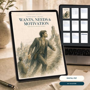 Könnte beinhalten: Ein digitales Charakter-Arbeitsbuch mit dem Titel Wants, Needs & Motivation auf einem Tablet-Bildschirm. Das Cover zeigt eine sepiafarbene Illustration einer Person, die auf eine Steinburg zugeht. Ein Laptop zeigt mehrere Seitenvorschauen.