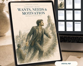 Może przedstawiać: Cyfrowy zeszyt ćwiczeń zatytułowany Wants, Needs & Motivation wyświetlony na ekranie tabletu. Okładka zawiera ilustrację w odcieniach sepii przedstawiającą osobę idącą w stronę kamiennego zamku. Laptop pokazuje podgląd kilku stron dokumentu.