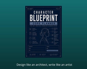 Może przedstawiać: Ciemnoniebieski dokument "Character Blueprint Core Planner" z białym rysunkiem liniowym profilu osoby w centrum. Tekst zawiera "CHARACTER BLUEPRINT", "CORE PLANNER" oraz "THE FAST, PRACTICAL CHARACTER PLANNING SYSTEM" z różnymi sekcjami na szczegóły postaci.