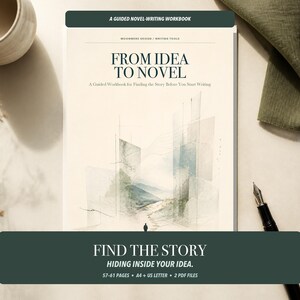 Op de afbeelding: Een begeleid werkboek voor het schrijven van romans getiteld From Idea to Novel met een crèmekleurige omslag met een aquarelillustratie van abstracte geometrische vormen en een klein figuurtje. De tekst bevat A Guided Novel-Writing Workbook en Find the Story.