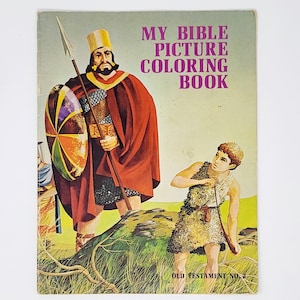 May include: A softcover coloring book titled MY BIBLE PICTURE COLORING BOOK OLD TESTAMENT NO. 2. The cover features a colorful illustration of a warrior in a red cloak holding a spear and shield, standing near a youth in a textured tunic.