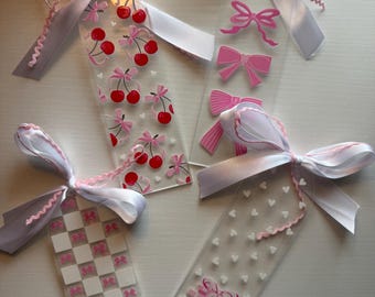 Coquette Acrylic Bookmark | Cherry, Bow, Hearts | Handmade Book Lover Accessory