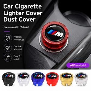 May include: A car cigarette lighter dust cover featuring the M logo with blue, red, and white stripes. The circular cap is available in black, clear, blue, red, gold, and silver finishes. The text Car Cigarette Lighter Cover Dust Cover is visible.
